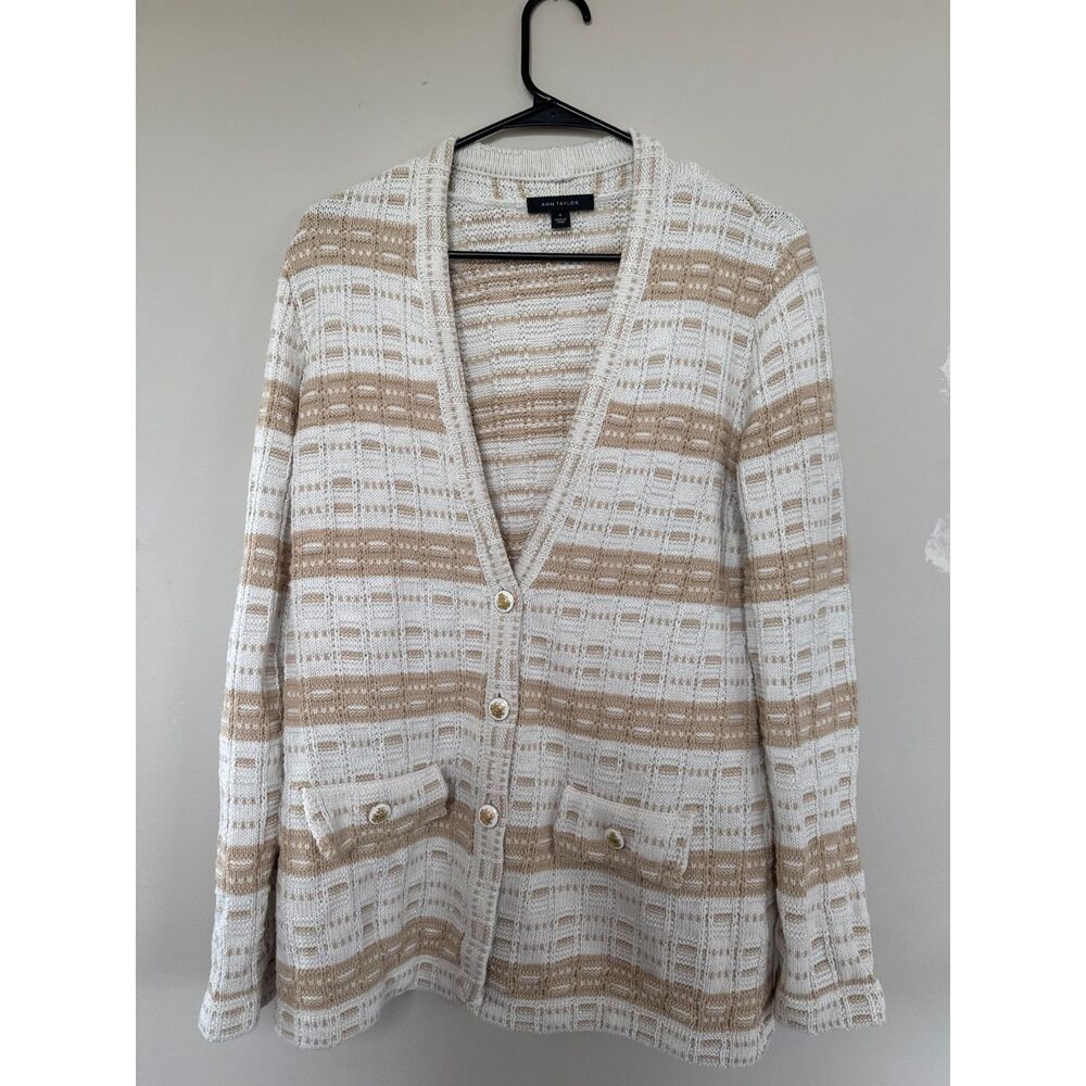 Ann Taylor Beige & Cream Textured Striped Crest Button Cardigan Sweater - Medium